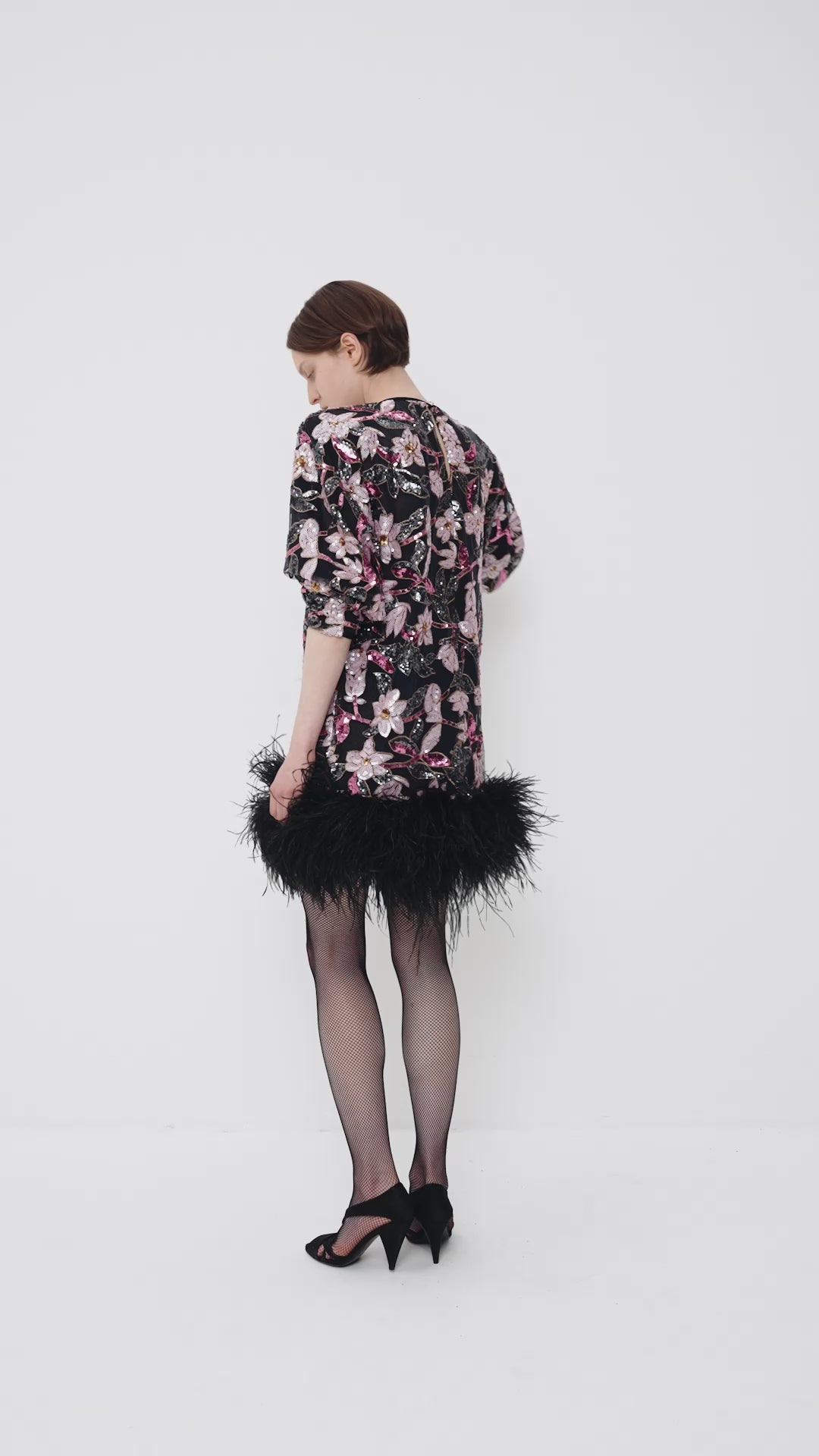 Sequin-embellished mini dress with ostrich feather trim