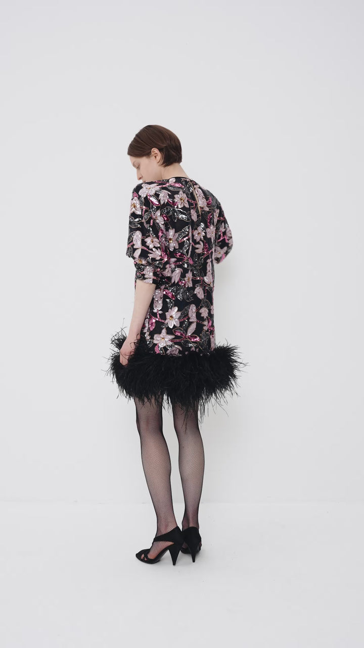 Sequin-embellished mini dress with ostrich feather trim