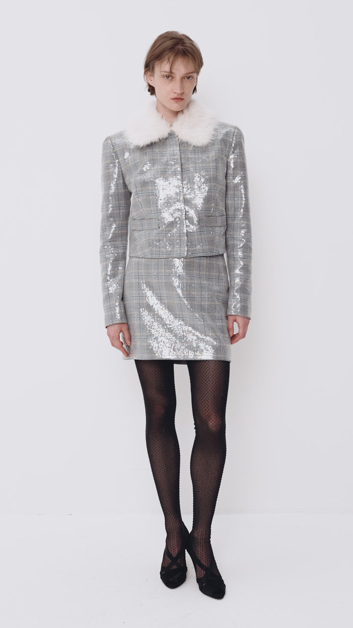 Suiting-fabric jacket with a faux fur collar embellished with transparent sequins