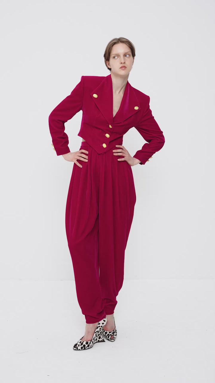Cropped velvet jacket with statement buttons