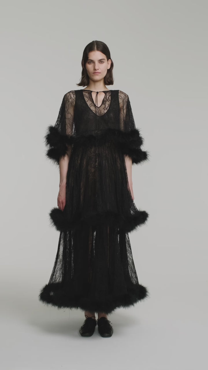Lace dress with marabou feather trim