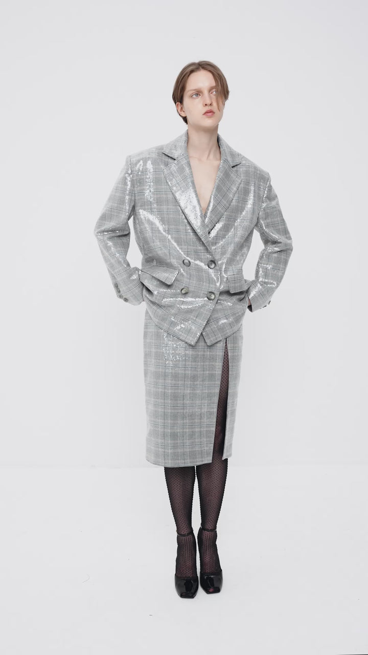 Suiting-fabric midi skirt with a slit embellished with transparent sequins