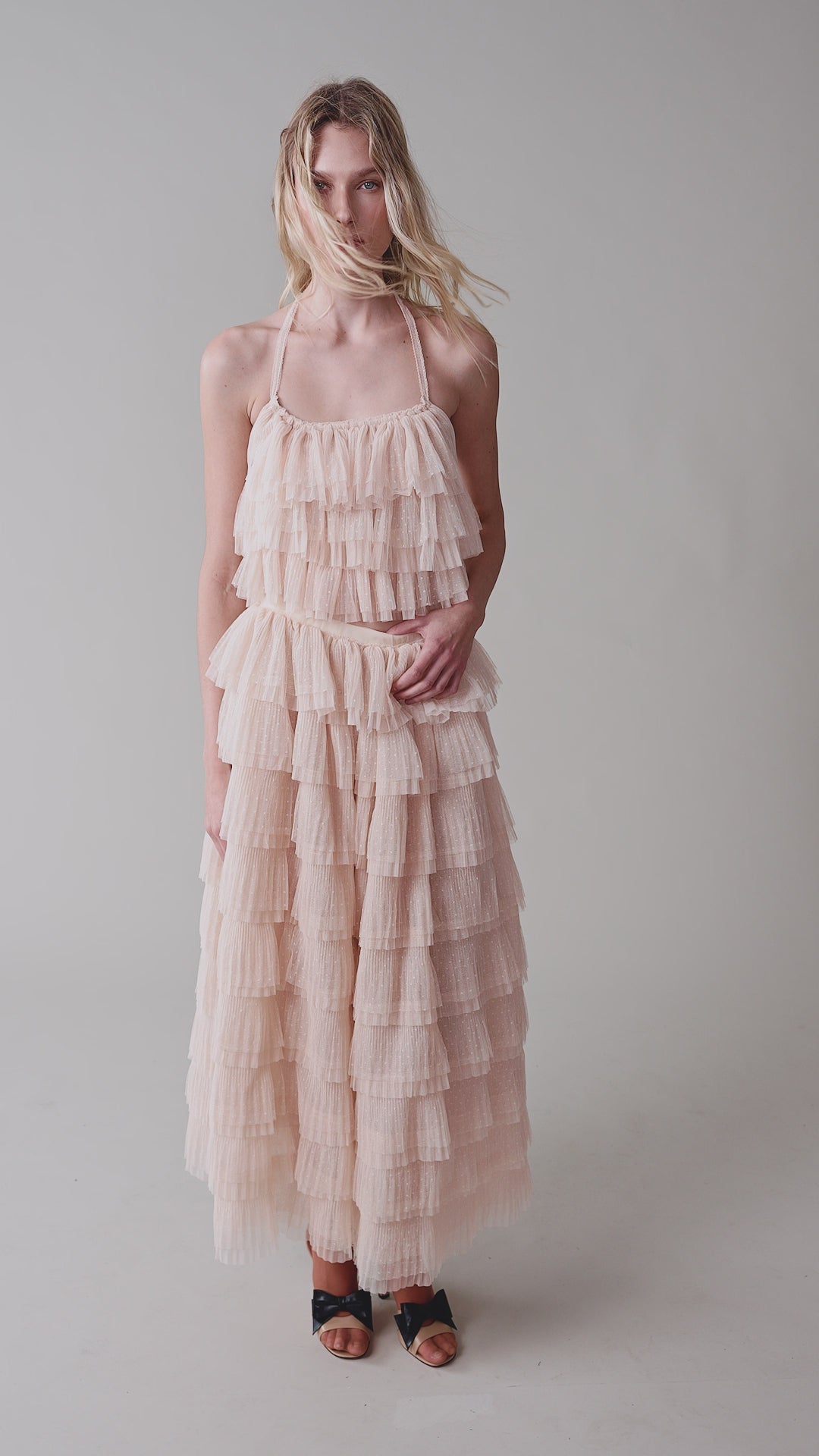 Soft pleated polka dot mesh ruffle skirt