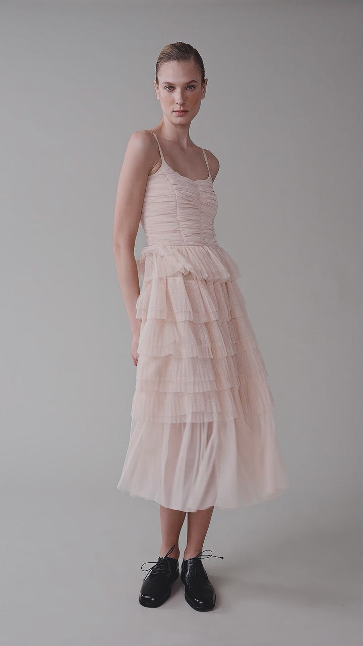 Soft pleated polka dot mesh ruffle dress