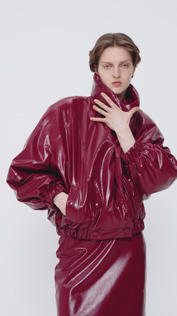 Burgundy genuine leather midi skirt