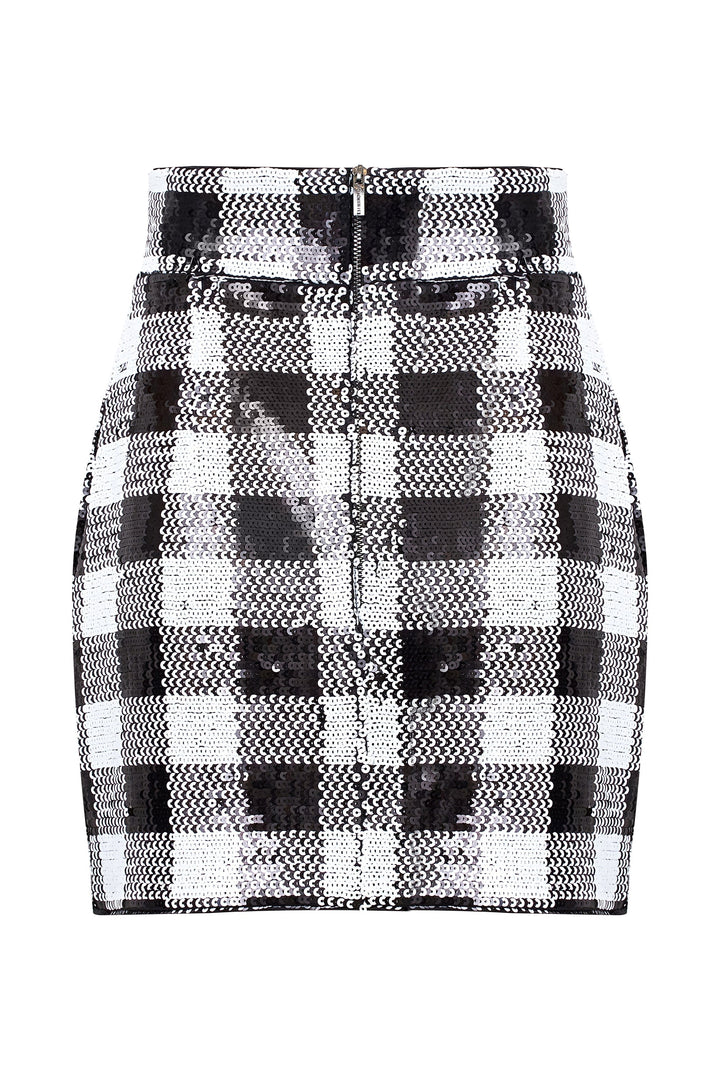Black and white checkered sequin mini skirt