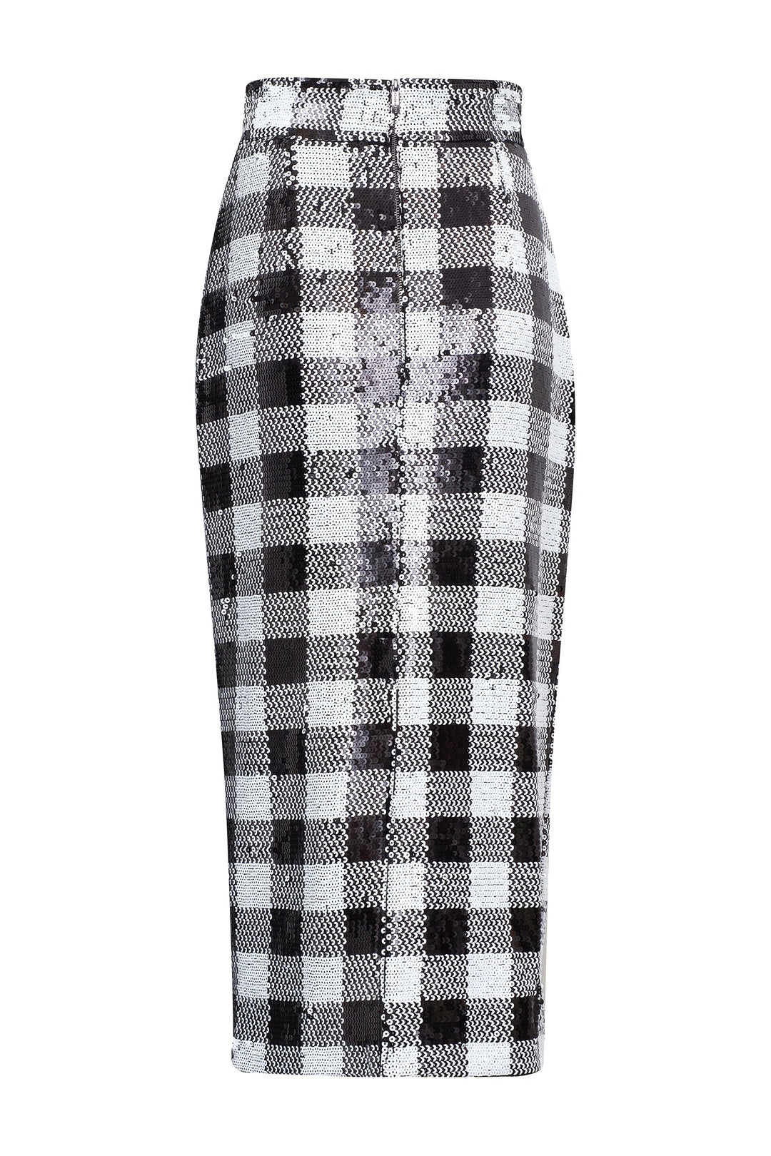 Black and white checkered sequin midi skirt