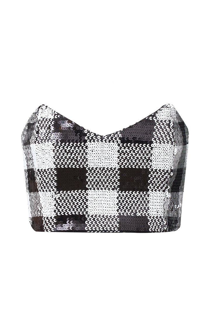 Black and white checkered sequin bustier top
