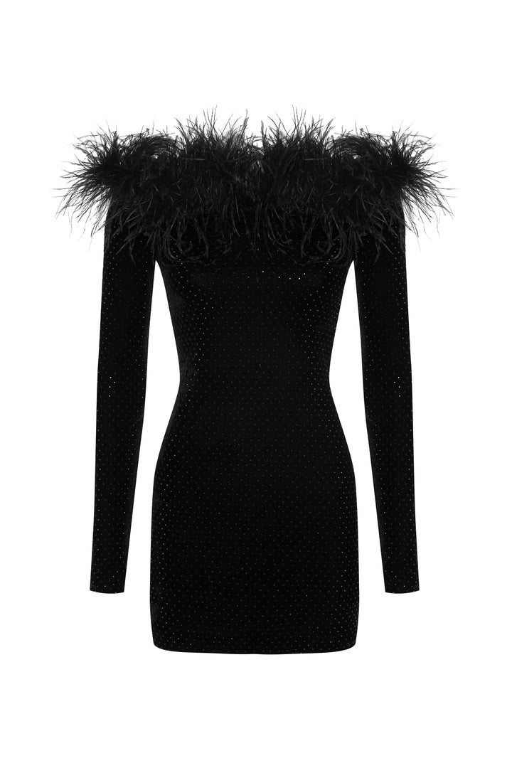 Black mini dress with crystals and feathers