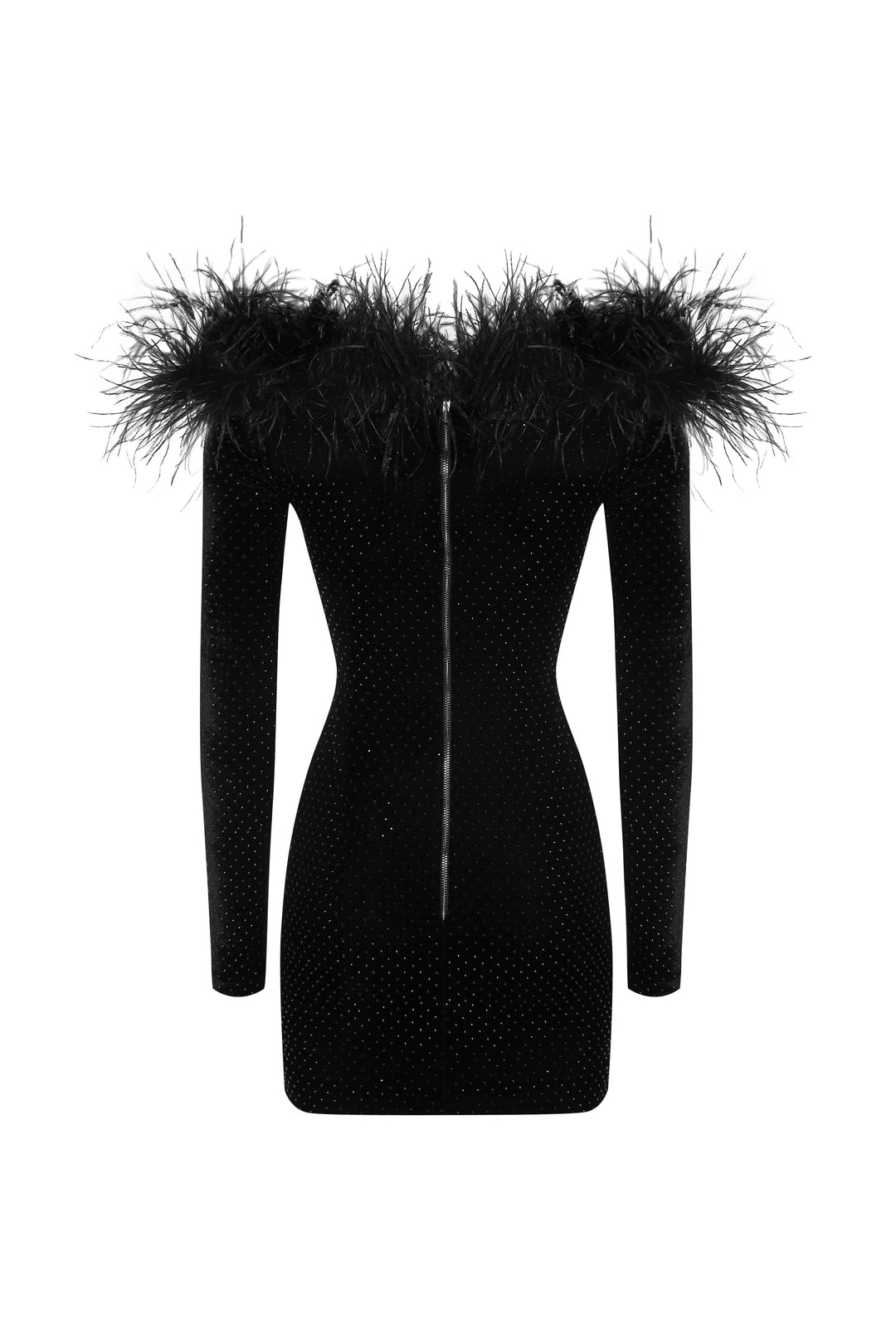 Black mini dress with crystals and feathers