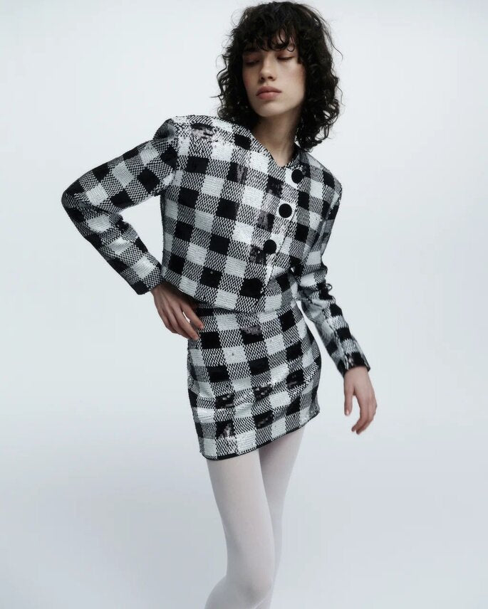 Black and white checkered sequin jacket